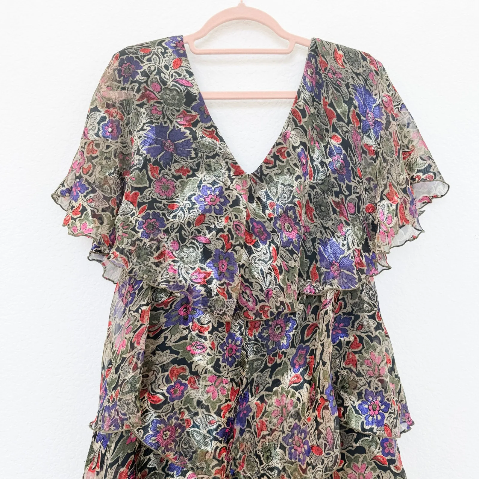 VTG Ann Hobbs for Cattiva Womens Dress Size M‎ Metallic Floral Tiered 90s Glam Black Size M - Image 6