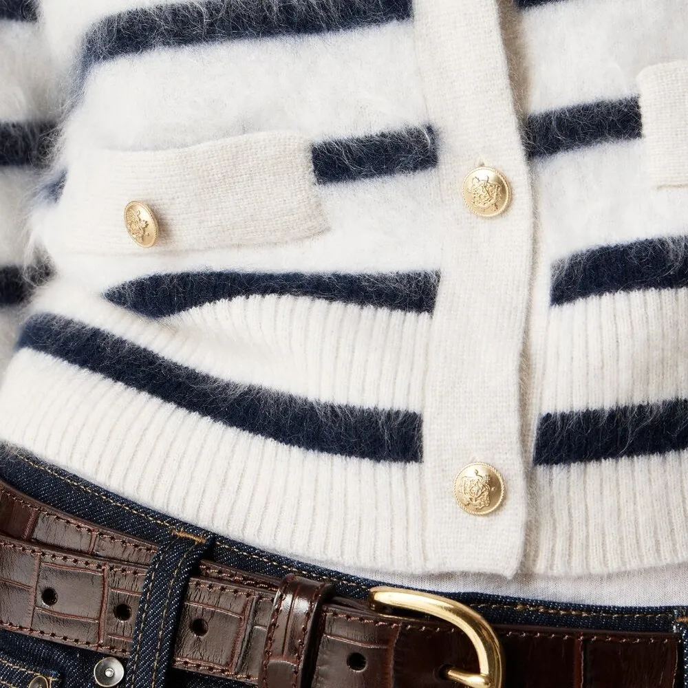 NWT J.Crew Brushed Cashmere Fitted Cardigan in Natural Navy Stripe Sweater S - Image 9