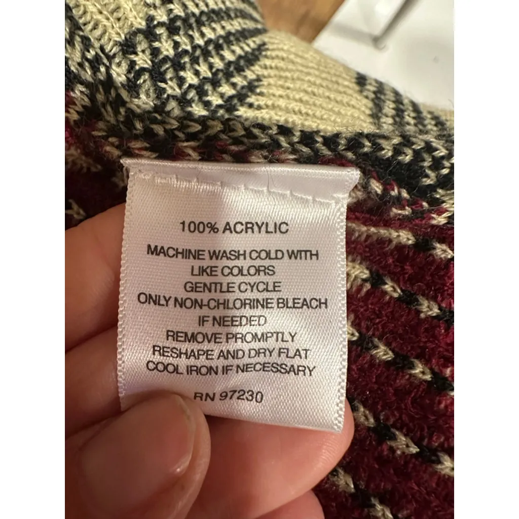 Women's SIGNATURE STUDIO Plaid Fringe Cardigan S Black Red - Image 6