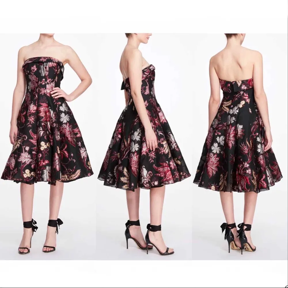 MARCHESA NOTTE Strapless Floral Tea Length Gown, Black, Size 8, NWT - Image 2