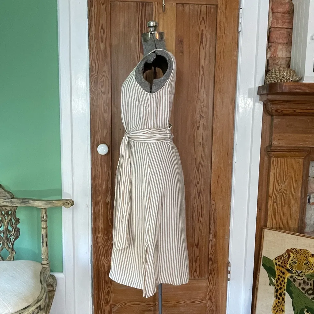 Ann Taylor Linen Blend Neutral Stripe Tie Waist Dress Small Petite 💛🍄 - Image 4