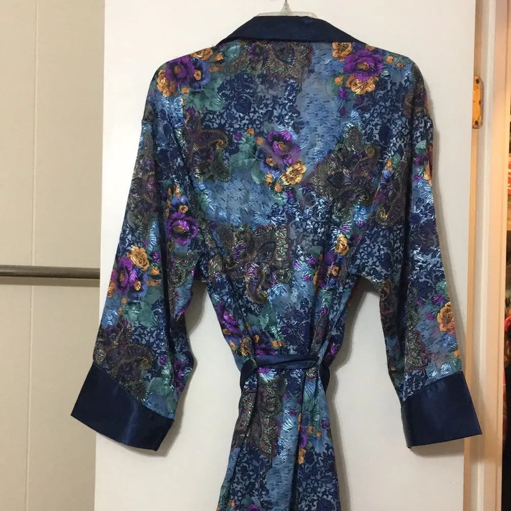 Victoria’s Secret • Teal Floral Small Petite Satin Robe with Fringe Sash - Image 6