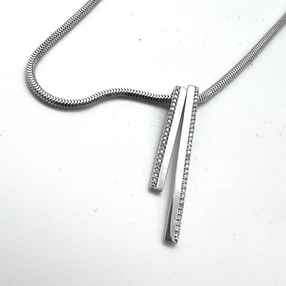 Sterling Silver‎ & Diamond linear Pendant Rope Chain Necklace Silver - Image 2