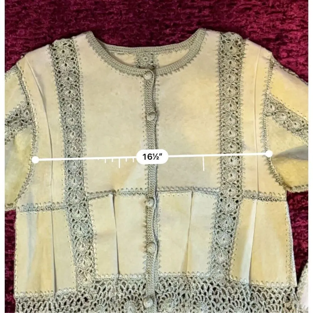 Women’s VTG Leather & Crochet Patchwork Cardigan Sweater Green Size M - Image 7