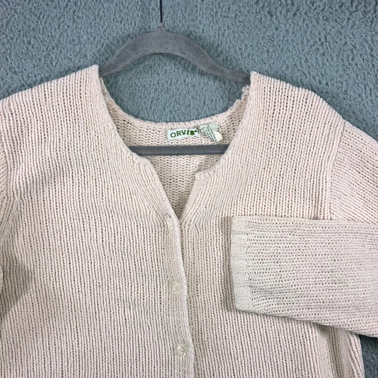 ORVIS Cardigan Women Large Pink Button Front Grandma Sweater 90s Retro Flaw - Image 2