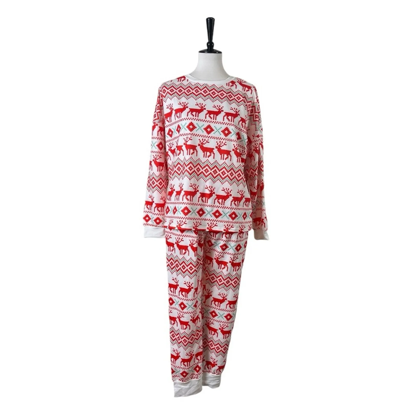Christmas Pajama Set Jogger Pant Top Reindeer White Red Women's Size Medium - Image 5