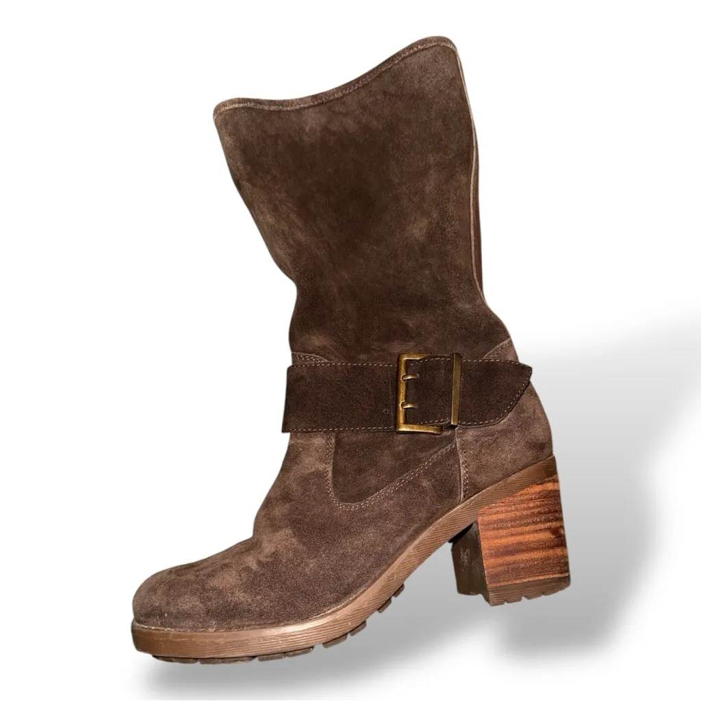 Gioseppo Used Chocolate Brown Stacked Heel Suede Boot with Buckle Fall Classic Size 9 - Image 5