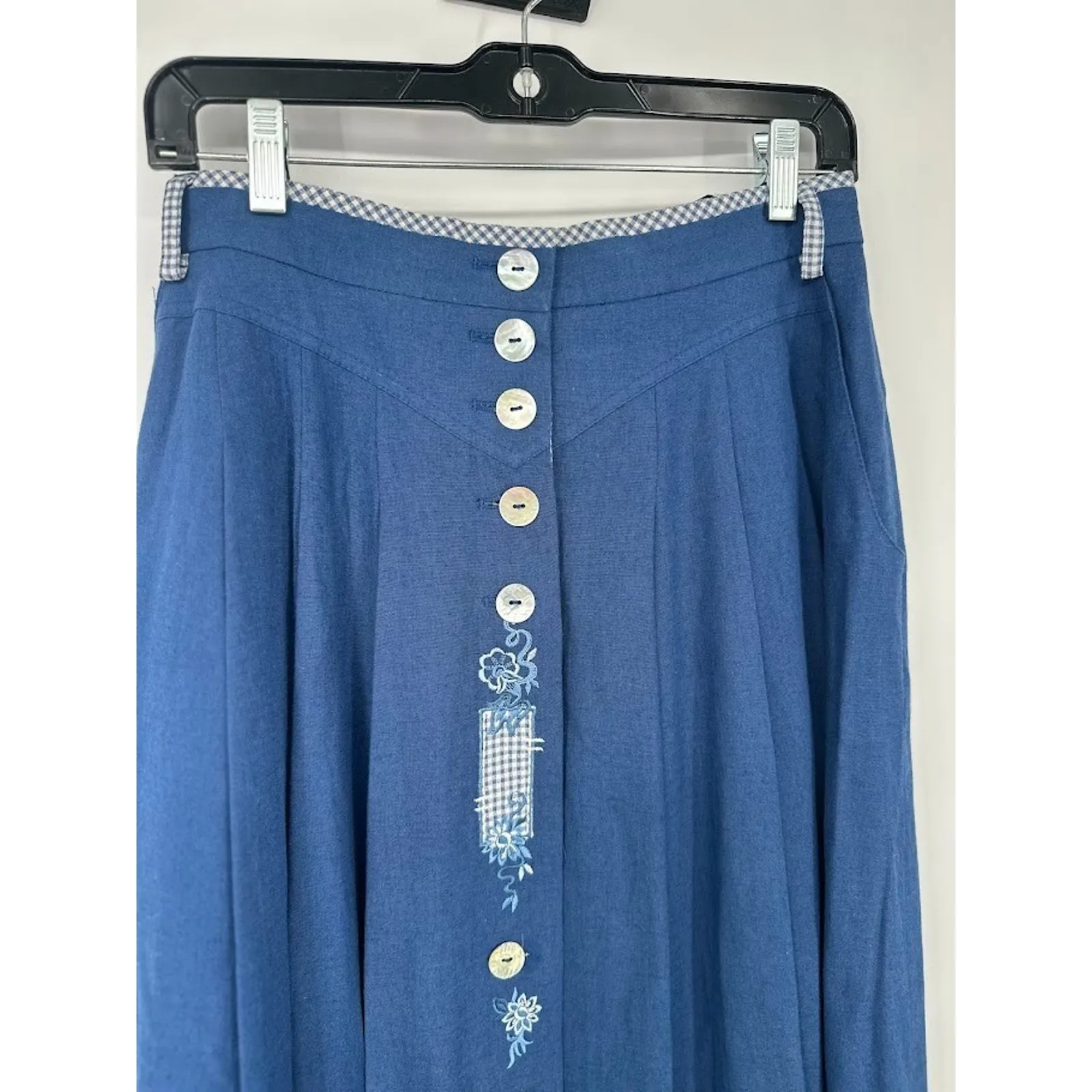 VTG PERRY LANDHAUS Pleated Maxi Skirt Linen Blend Blue Cottage Gingham Size 10 - Image 2