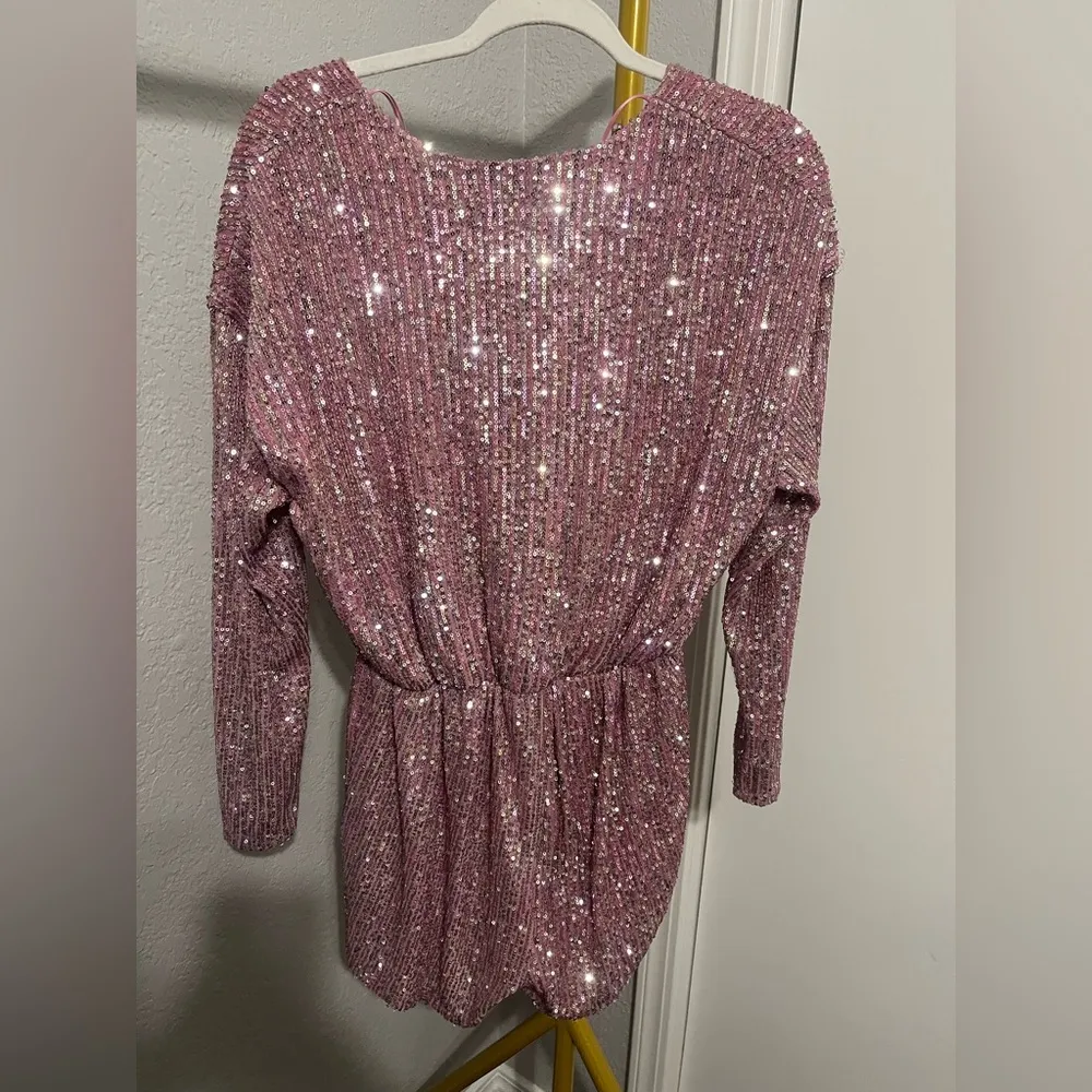 ENDLESS ROSE by Anthropologie Long Sleeve Wrap Sequin Romper in Pink - Image 6