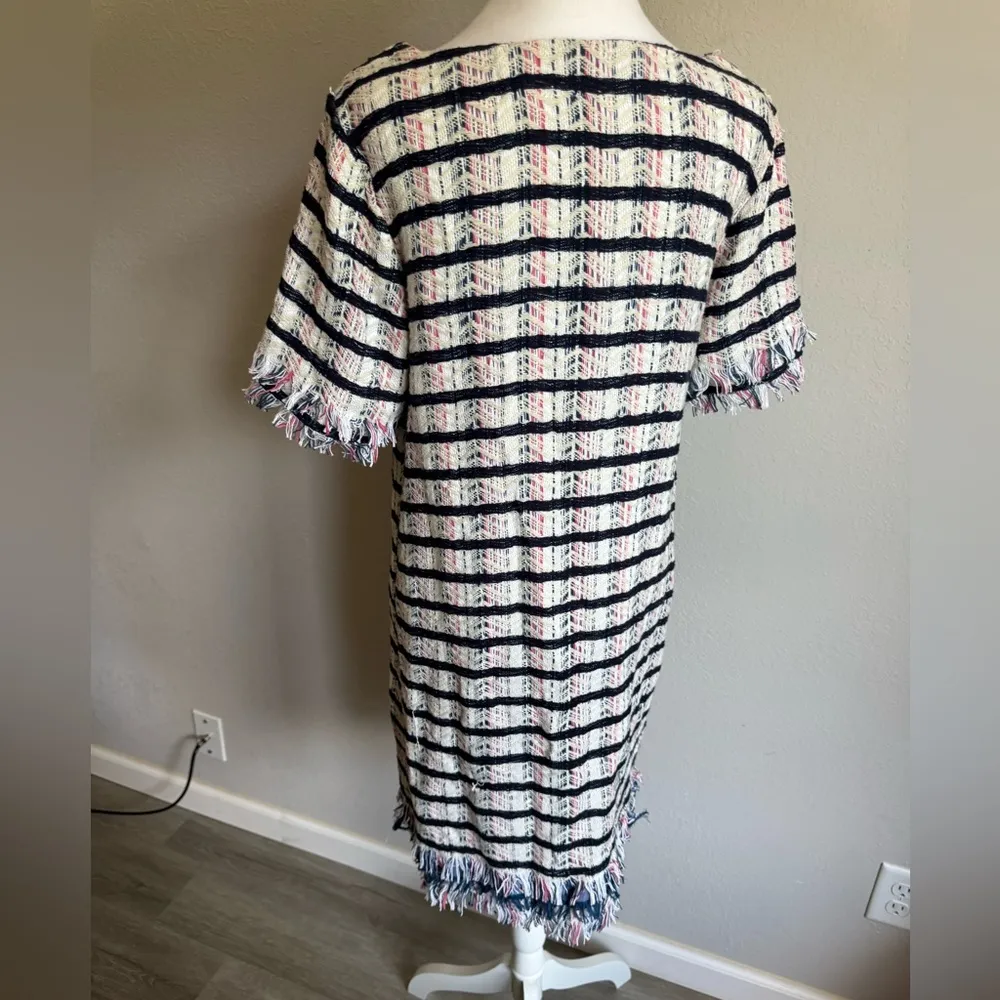 Anthropologie Holding Horses White Navy Tweed Stripe Fringe Shift Dress Womens 8 - Image 6