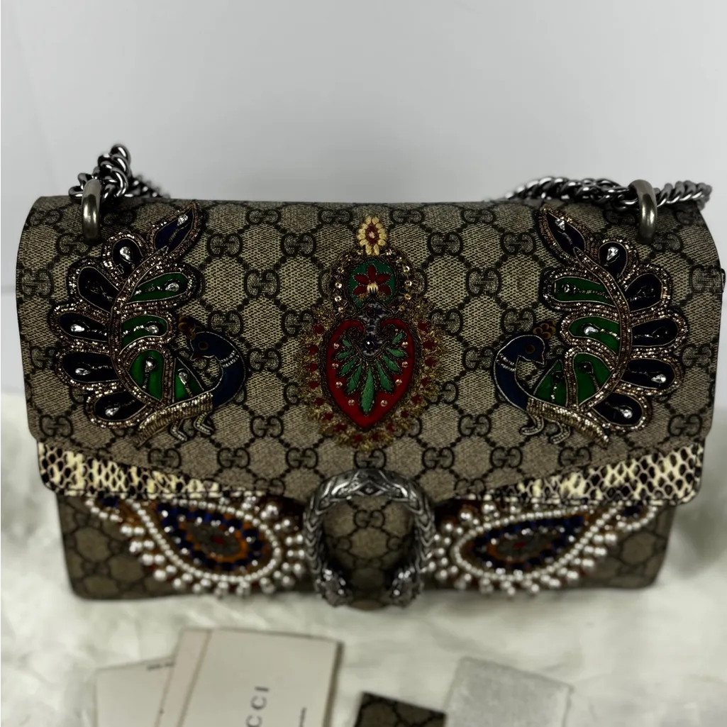 Gucci GG Supreme Monogram Snakeskin Flower Embroidered Dionysus Shoulder Bag - Image 4