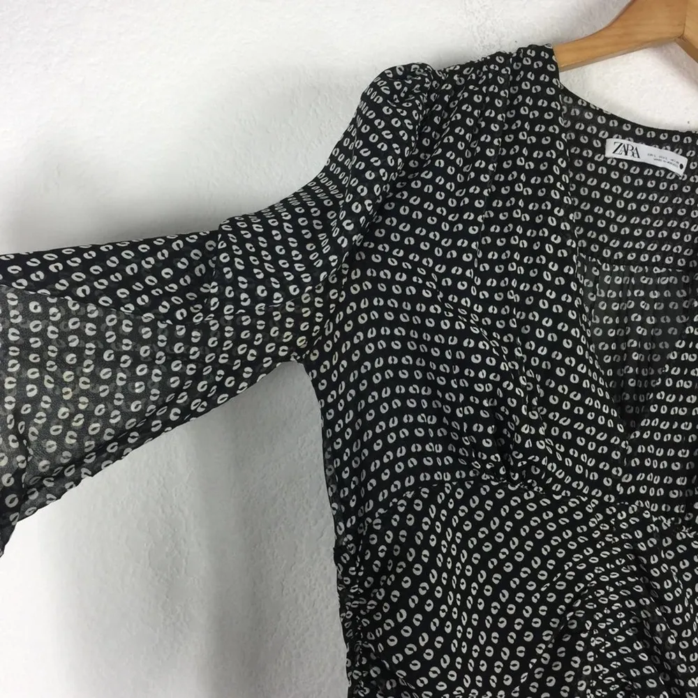 Zara Black Dot Draped Ruched Puff Long Sleeve Mini Dress Large - Image 11