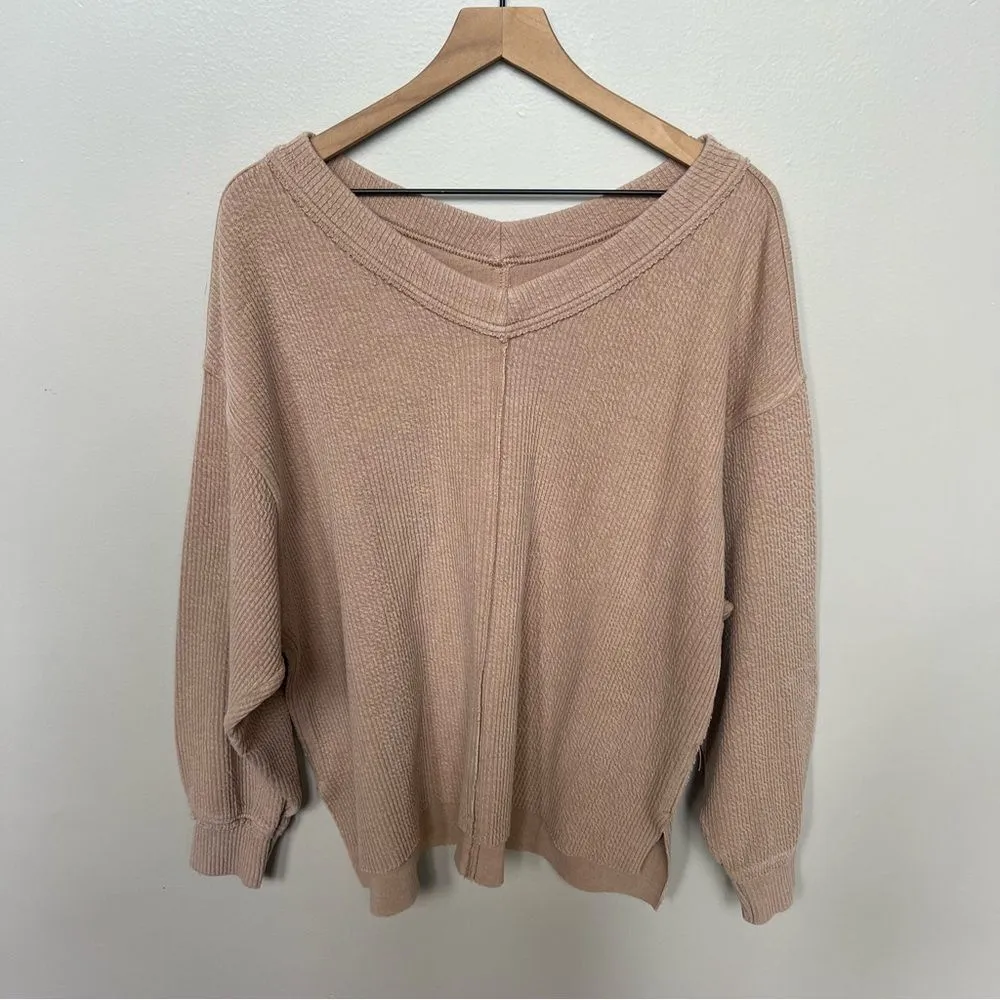 Aerie Tan Beige Ribbed V-Neck Oversized Sweater Women’s Size XS - Image 2