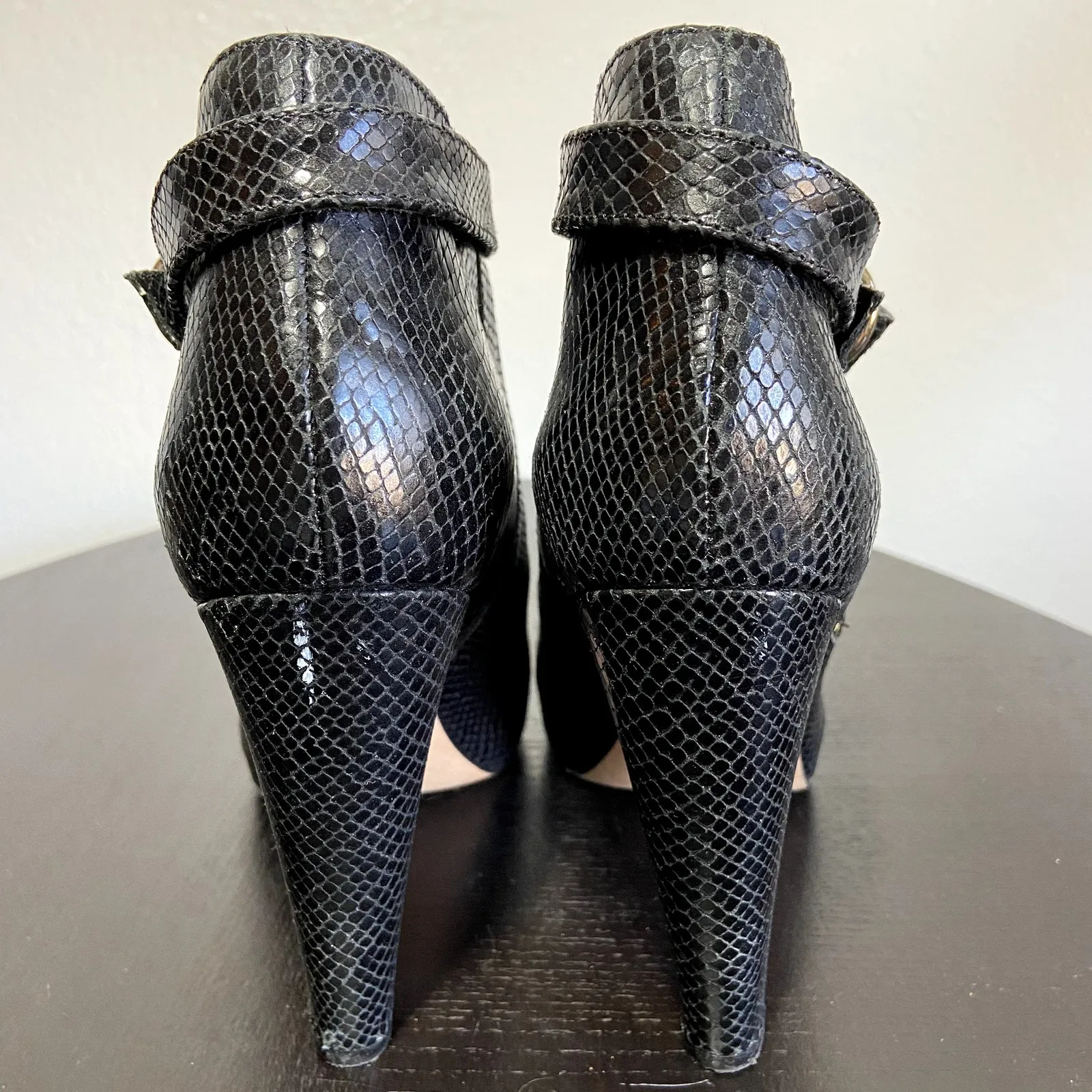 Loeffler Randall Snakeskin Booties Heel Leather Platform Ankle Strap Black 9.5 - Image 4