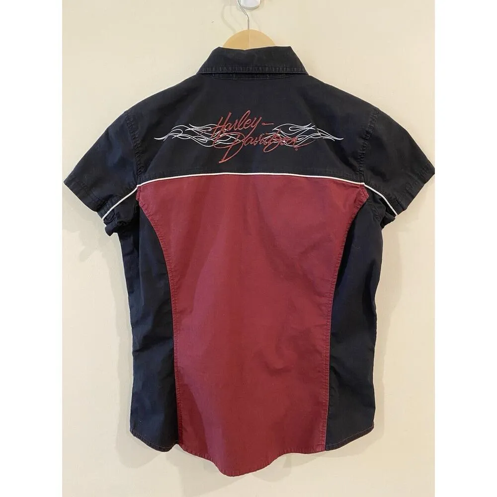 Harley Davidson Womens Small Mechanics Button Shirt Blouse Embroidered Spell Out - Image 2
