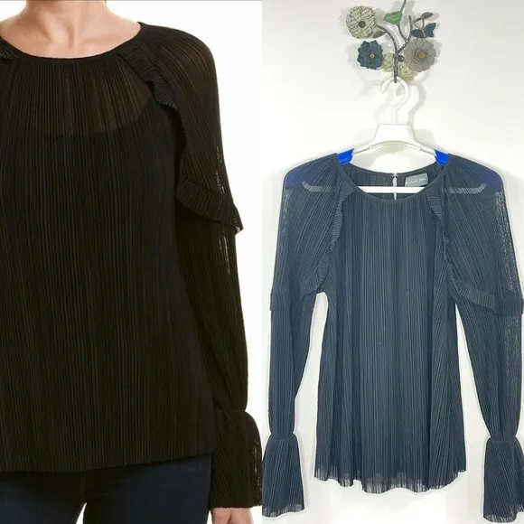 Michael Stars Women's Size Large Black Frilly Sheer Top Micro Pleats Ruffles - Image 2