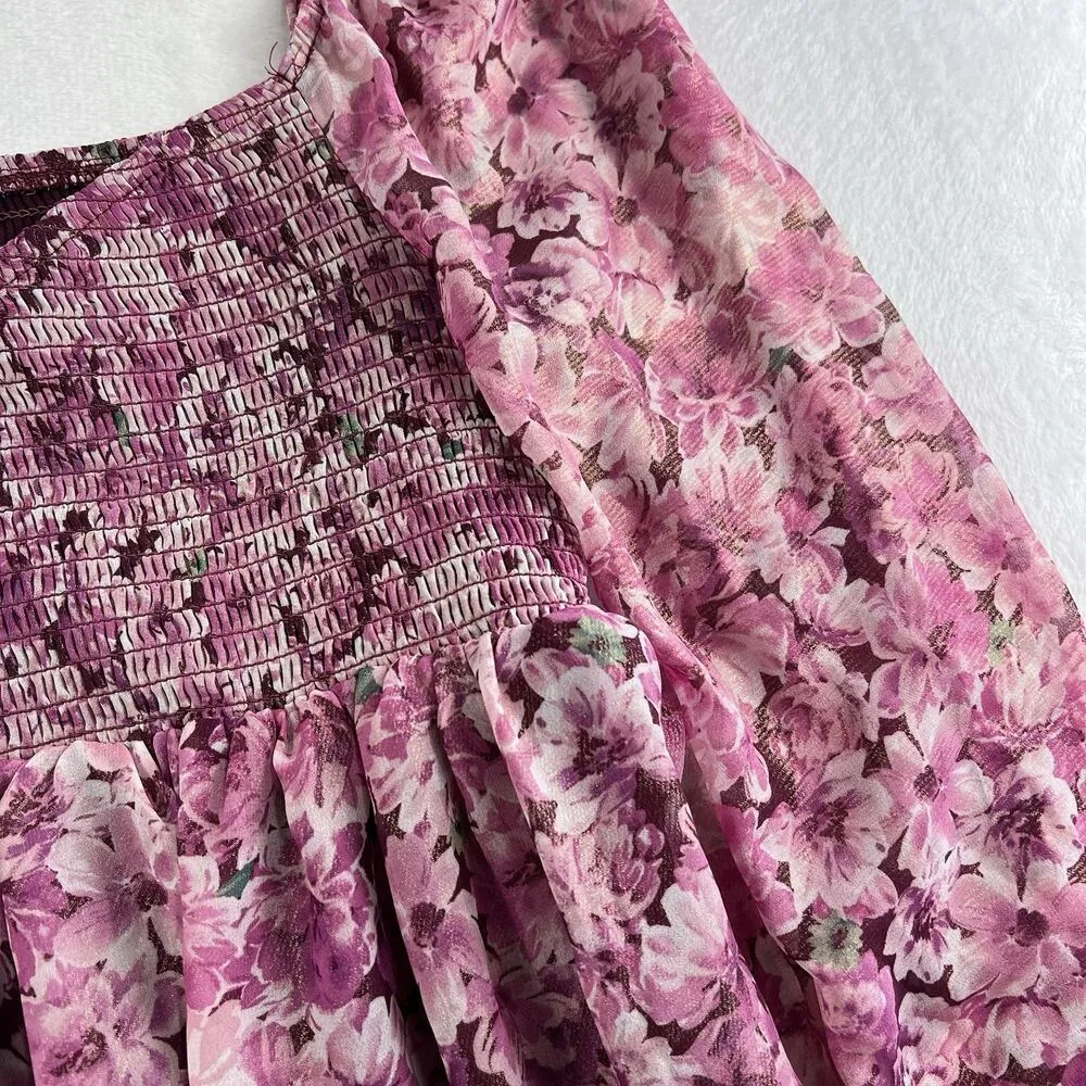 Crystal Doll Junior M Dress Milkmaid Sheer Smocked Pink Floral Print Tiered - Image 3