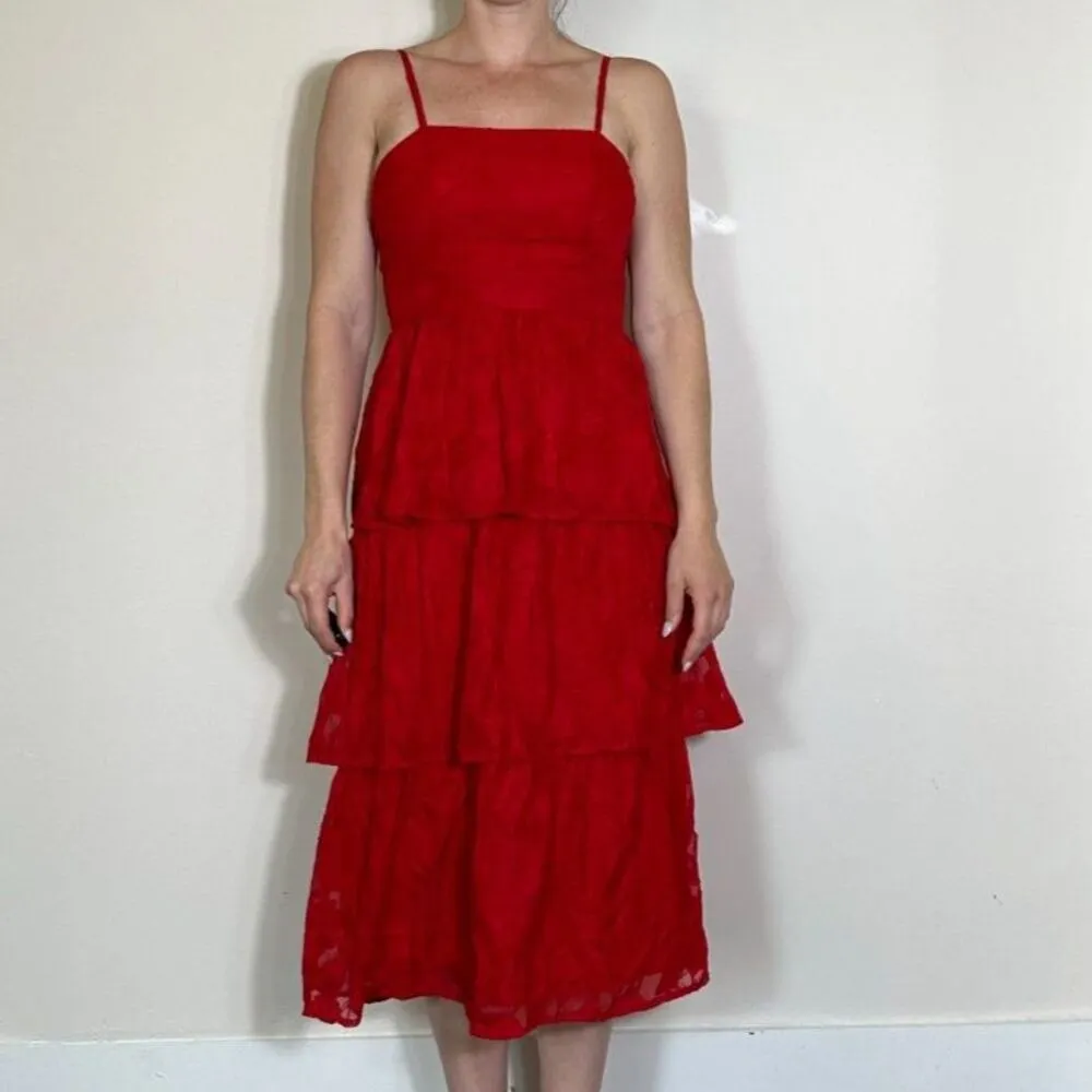 Lulus Grace and Beauty Red Burnout Floral Print Tiered Dress Size XS - Image 3