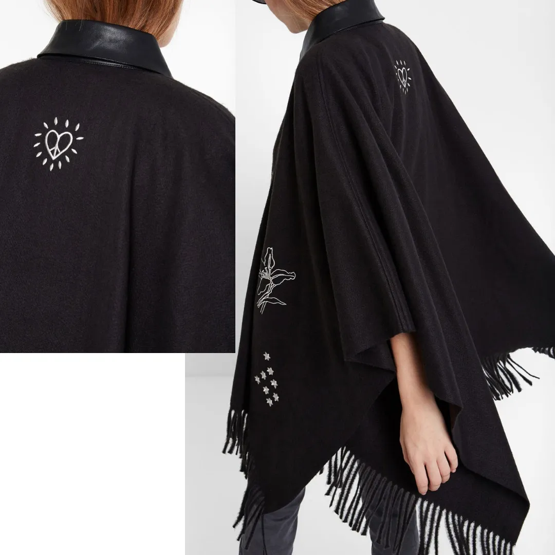 Desigual Black Leather Collar Embroidered Fringe Hem Poncho One Size Zip Front - Image 4