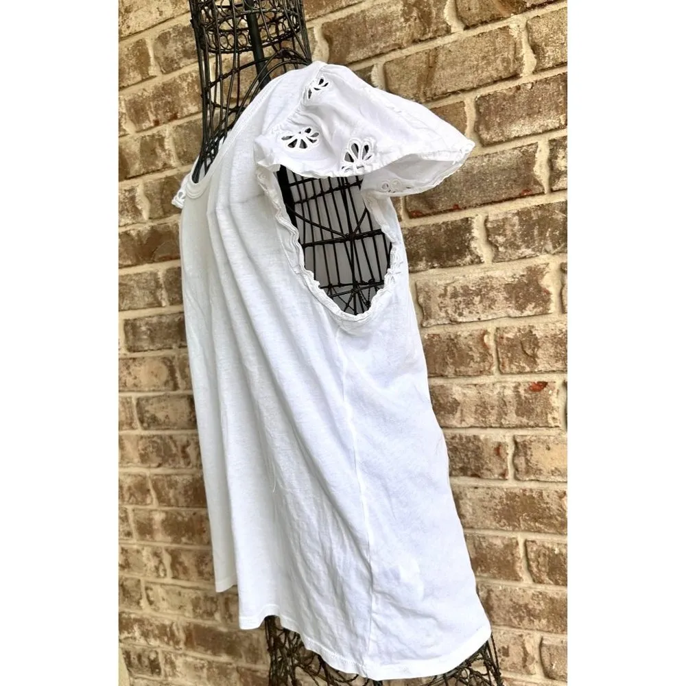 Kate Spade White Eyelet Mixed Media Tee Top Large Cotton Flutter Sleeves… - Image 5