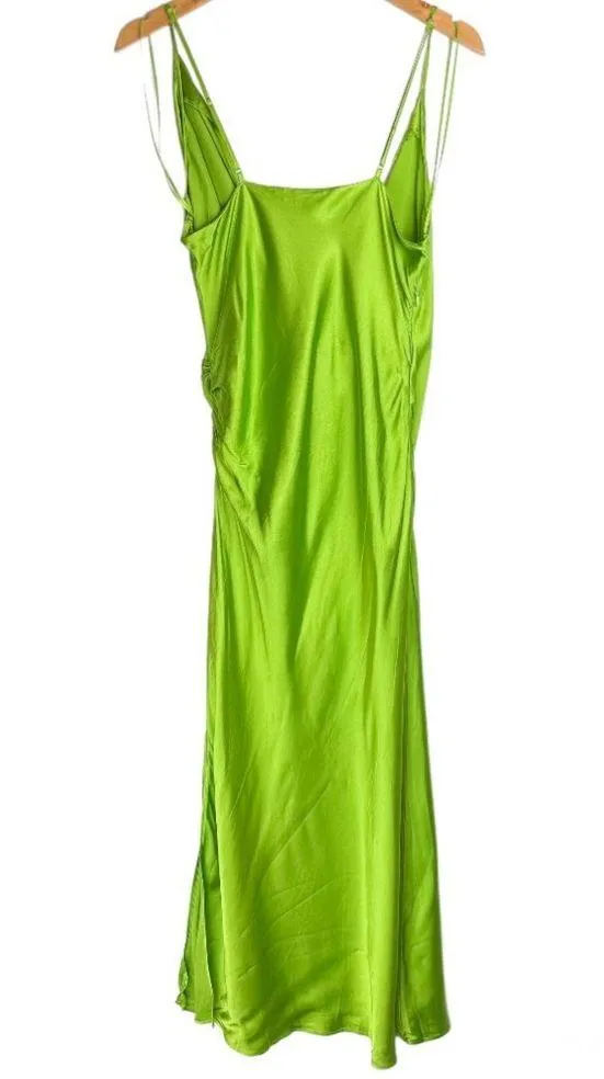 NWT ZARA Bright Green Satin Slip Midi Dress Sz XL Drapey Wrap Side Slit - Image 4