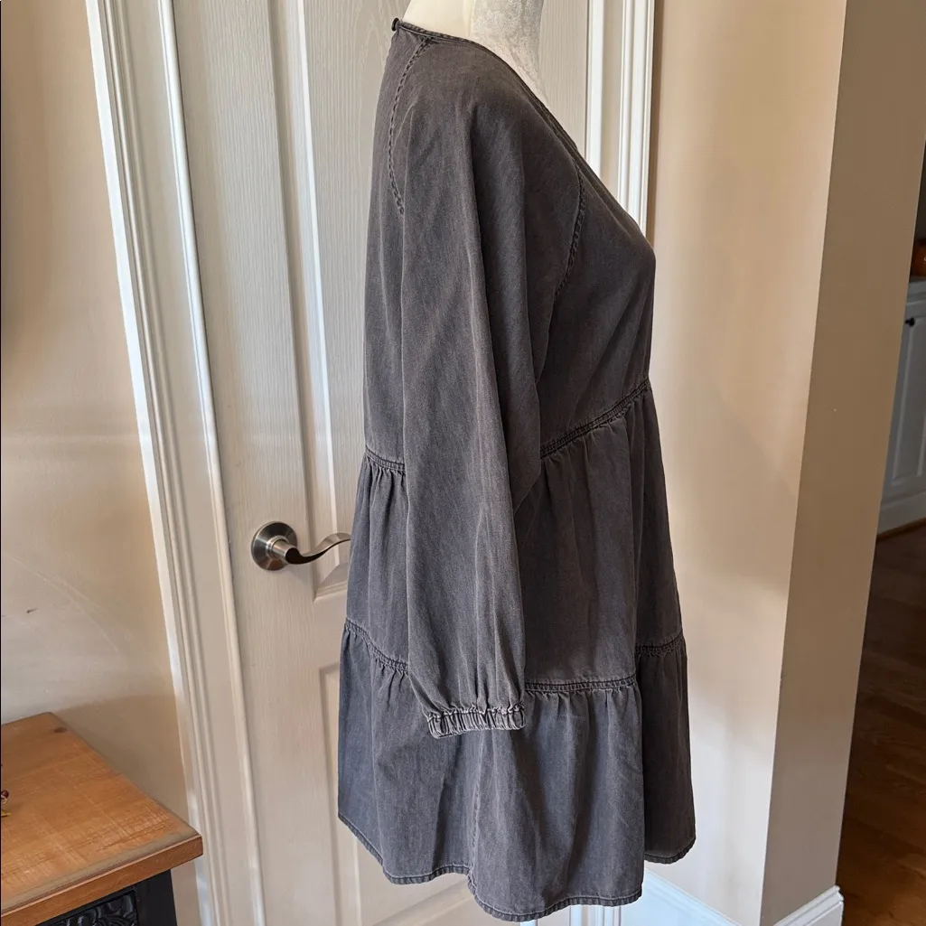 Madewell Tiered Babydoll Tunic Dress Charcoal Gray Long Sleeve Pockets Size M - Image 5