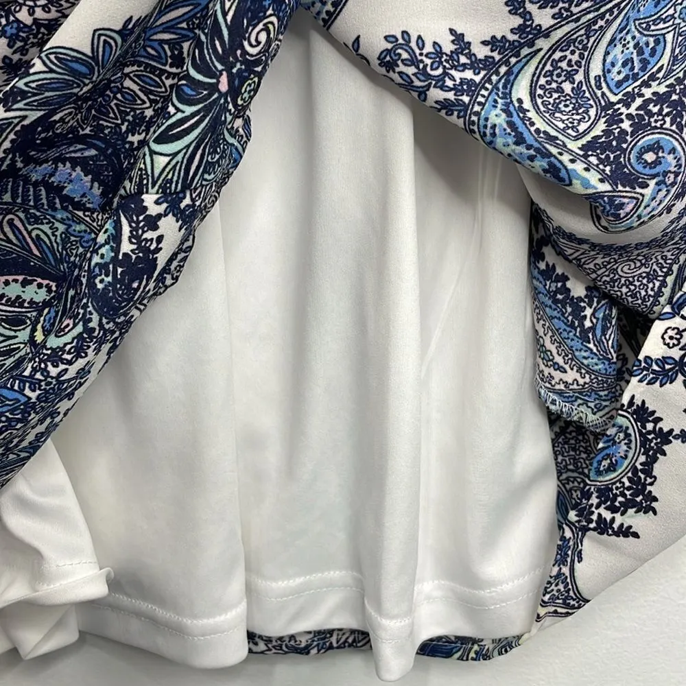 DR2 Shift Dress Paisley Print front tussles split sleeves size Medium Blue - Image 15