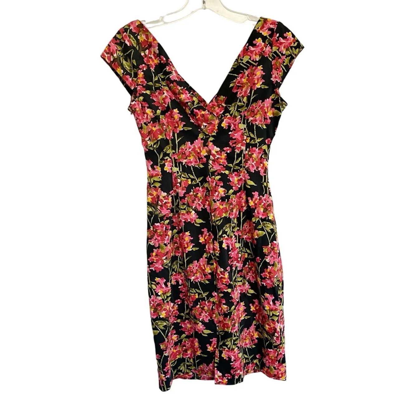Maggy London Petites Black Pink Retro Floral V-Neckline Cotton Sheath Dress 2P - Image 3