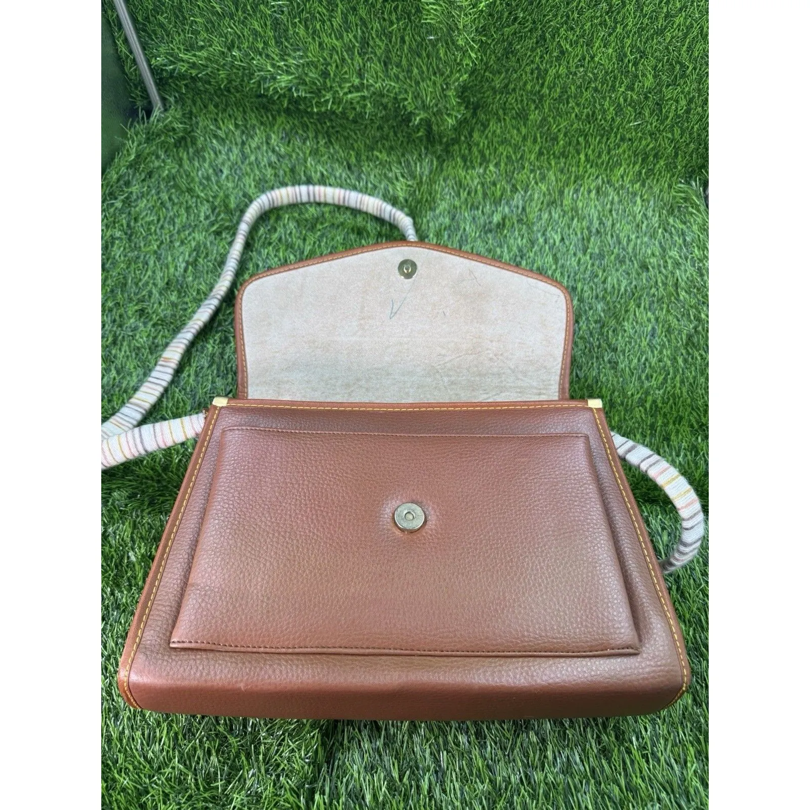 Dooney & Bourke All Weather Leather Bag Vintage Yellow Stitching,Braided Handle - Image 15