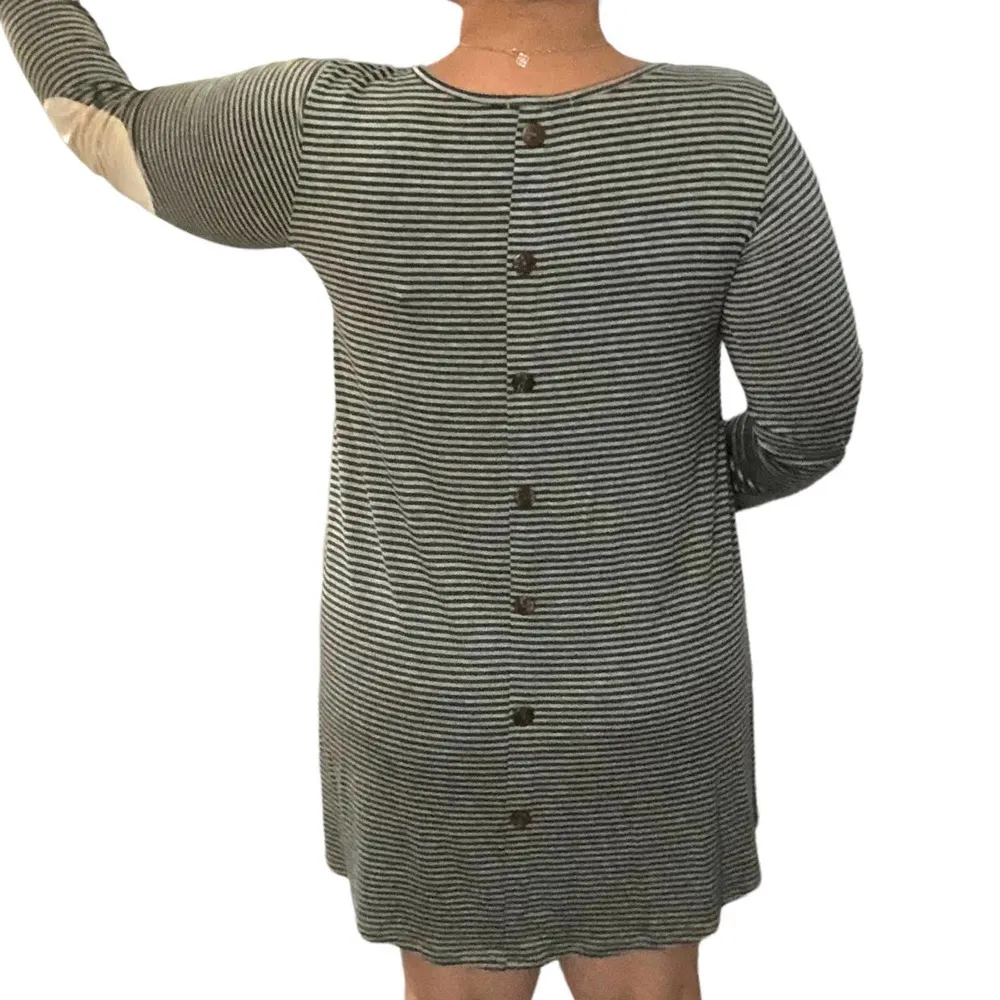 Sweet Claire MEDIUM Striped Elbow Patch Back Button Long Sleeve T-shirt Dress - Image 99