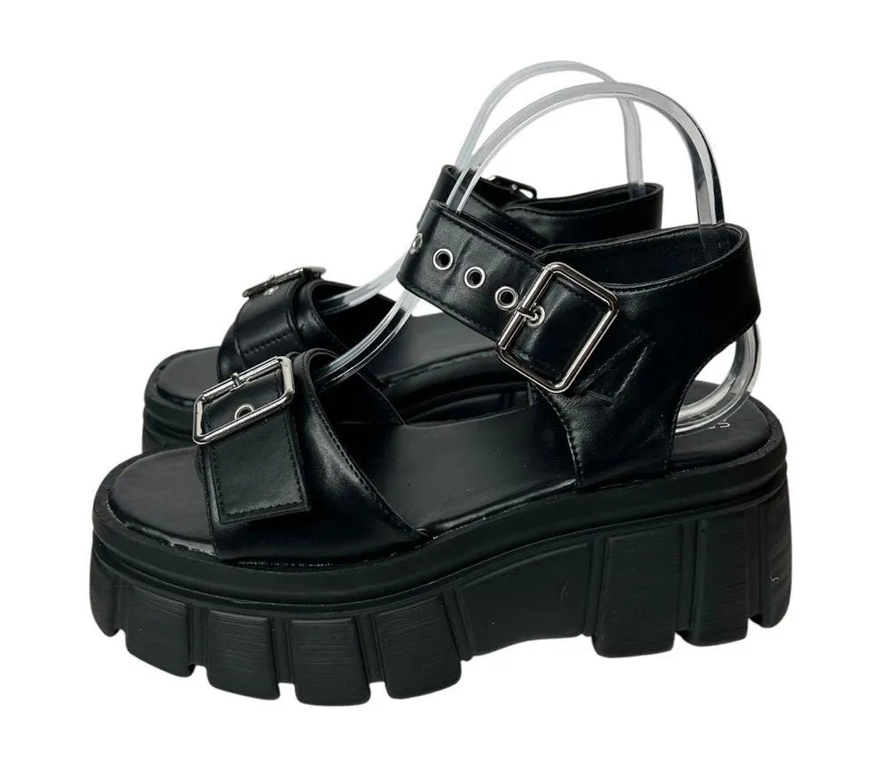 New Faux Black Leather Chunky Black Platform Shoes with Adjustable Straps 7 - Image 3