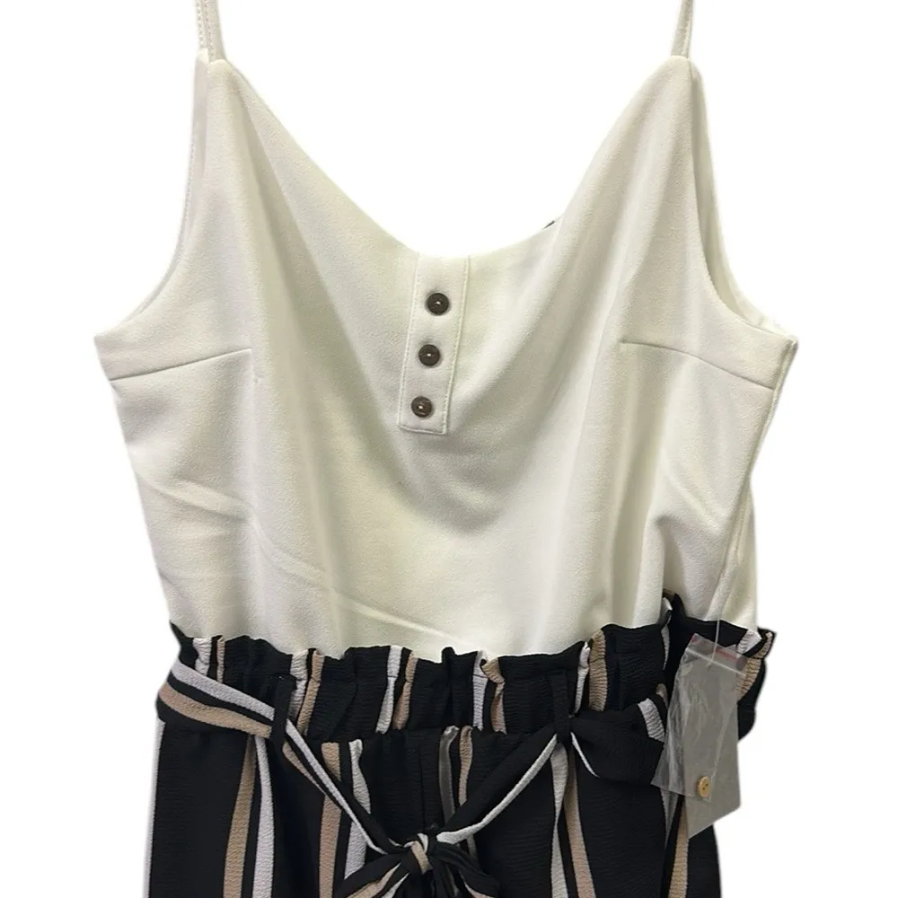 J for Justify Striped Lagenlook Shorts Romper with Pockets and Tie Belt Womens L Black Size L - Image 9