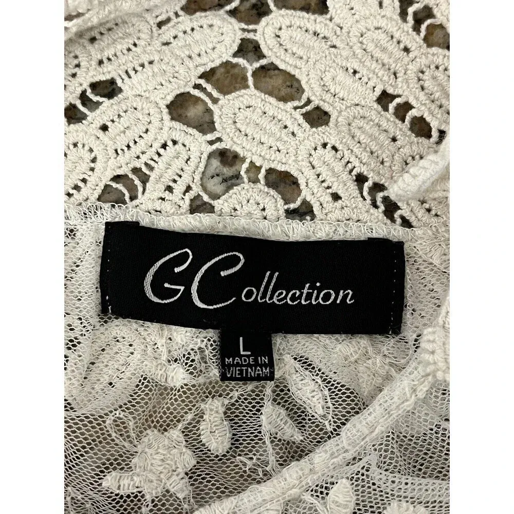 G Collection Womens Beige Lace Crochet Tunic Coverup Boho Sheer Y2k Blouse L White Size L - Image 9