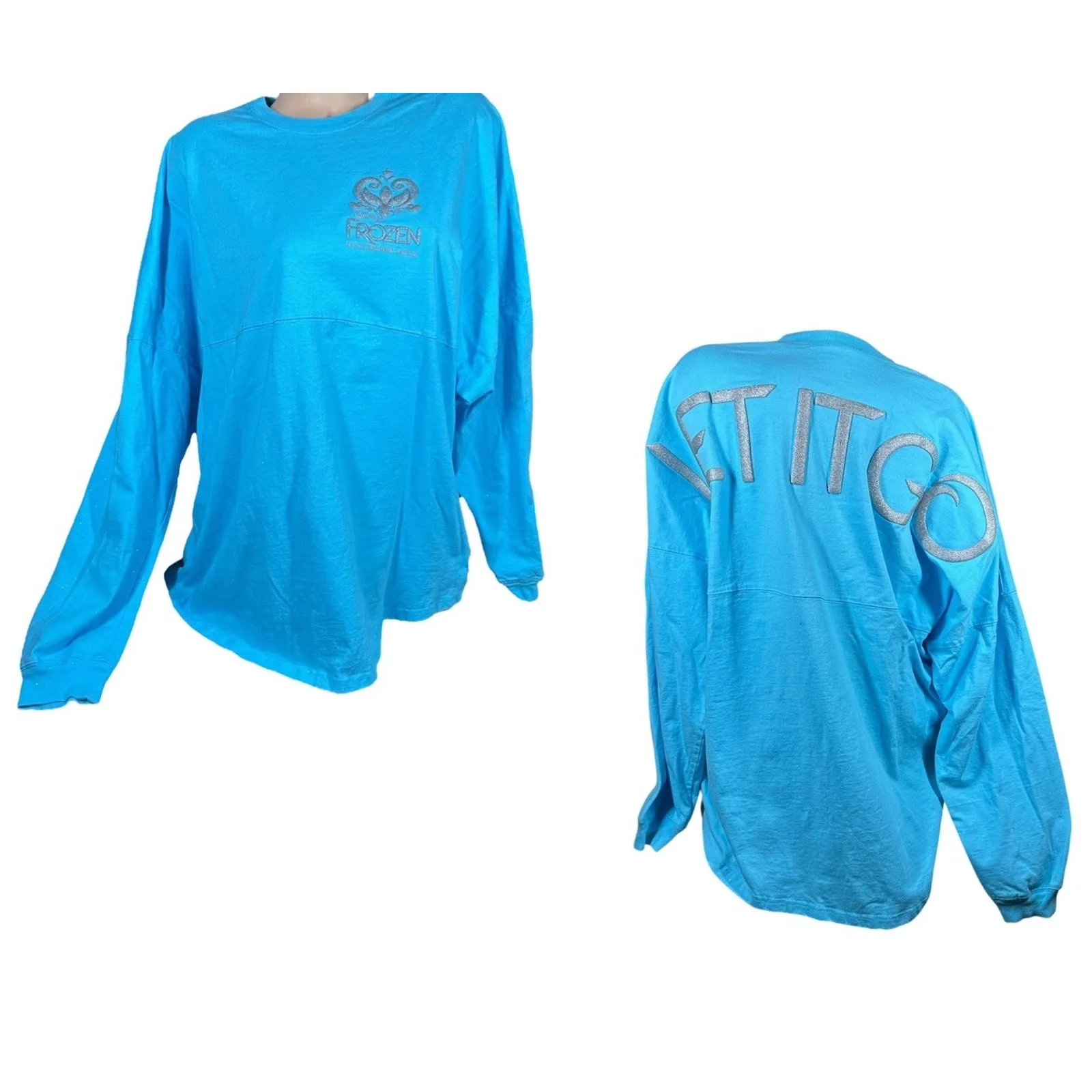 Disney Sparkle Frozen Let It Go Broadway Spirit Jersey Shirt Womens Size XL Blue - Image 2