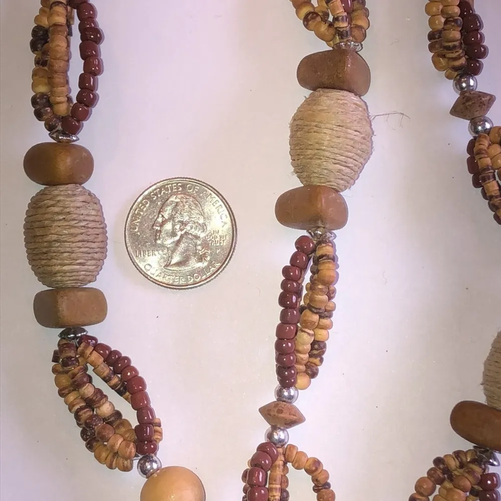 Vintage Wooden Tan Brown Beaded Boho Woven Beads Chunky Retro Necklace - Image 5