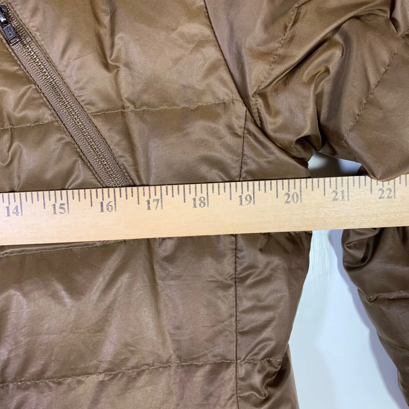 Eileen Fisher Puffer Jacket Quilted Down Fill Zip Front Warm Bronze M Cozy FLAWS - Image 12