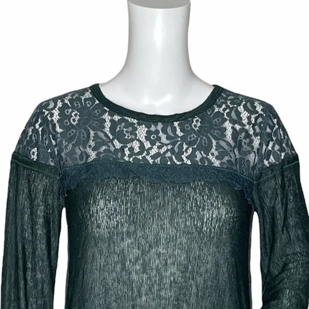 Free People Shirt Womens XS Hunter Green Lace New Romantics Blouse Lace Bohemian - Image 4