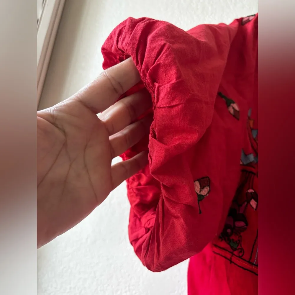 Free People Wind in Her Hair Red Embroidered
Puff Sleeve Blouse Sz M - Image 3