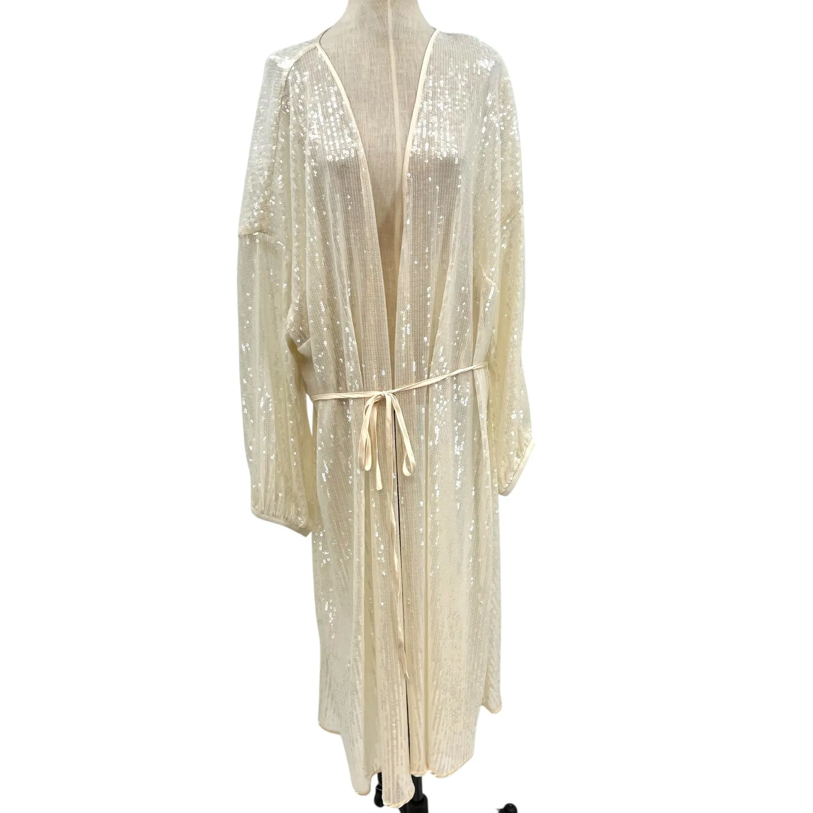 Hutch Jackson Sequin-Embellished Mesh Cover-Up Duster‎ Kimono Cream Plus Size 3X - Image 3