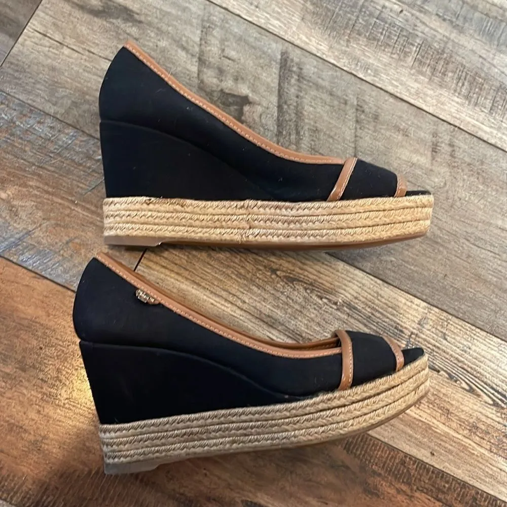 Tory Burch Black & Brown Majorca Espadrille Peep Toe Wedge - Image 7