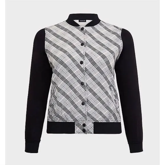 Torrid Black White & Pink Plaid Twill‎ Bomber Jacket - Image 4