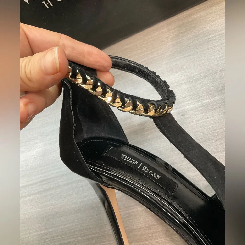 WHITE HOUSE BLACK MARKET ADONIA BLACK CHAIN SHORT PEEP TOE STILETTO HEEL - Image 9