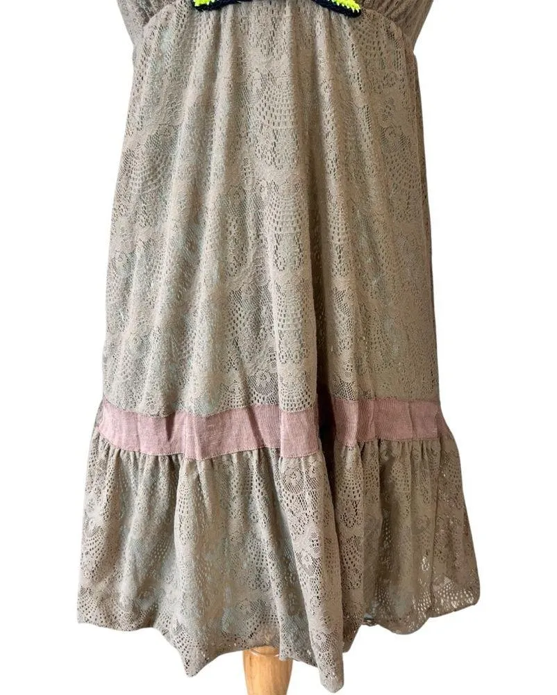 Free People Vintage Brown Lace Deep V Neckline Mini Dress - Image 4