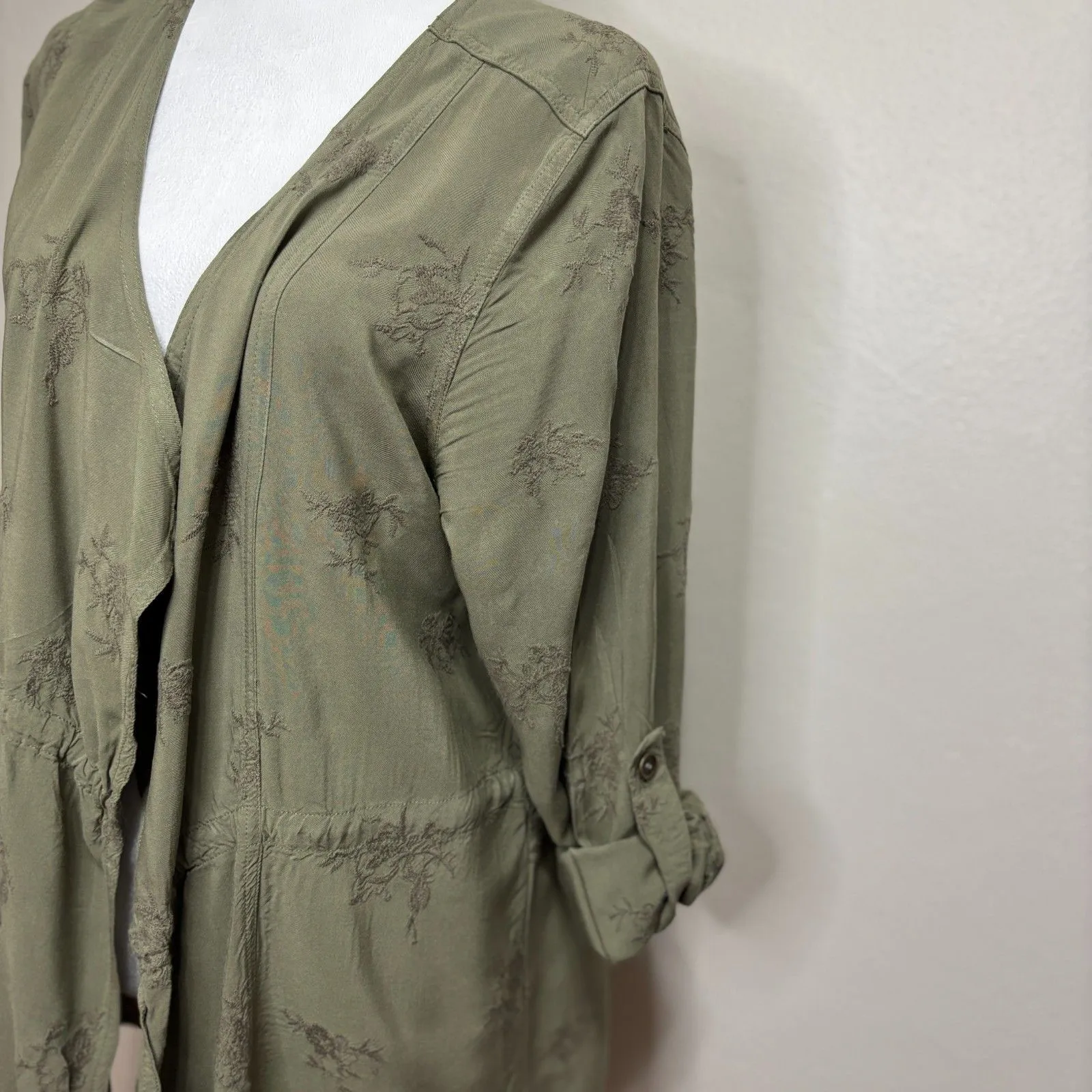 Knox Rose Embroidered Rayon Open Front Jacket Womens L Olive Green Boho Chic Earthy - Image 3