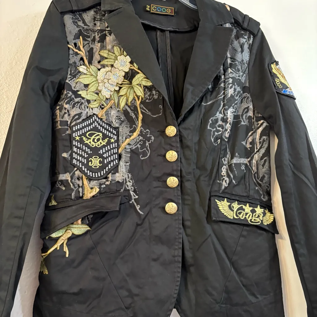 COOGI Womens Blazer Black Embroidered Rhinestones Military Patch Gold Y2K Edgy - Image 2