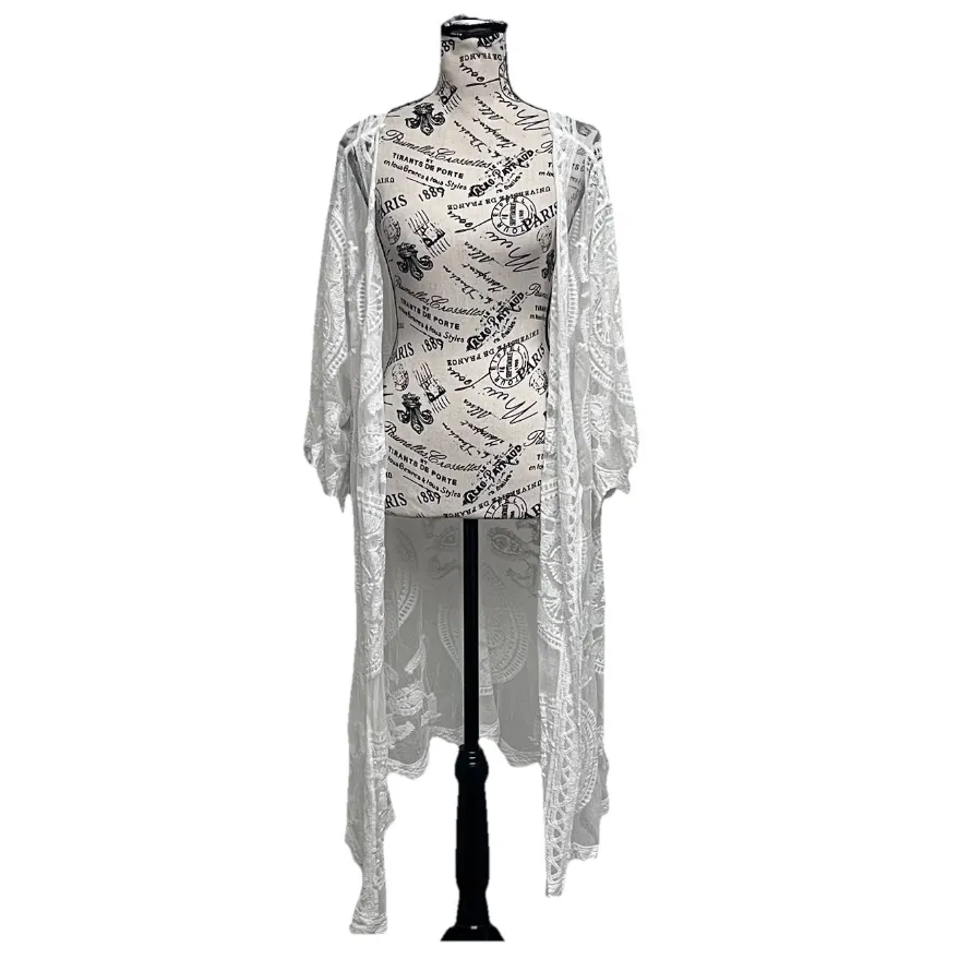 White Sheer Lace Kimono Duster Women’s 1X Boho Festival Beach Cover Up Crochet - Image 2