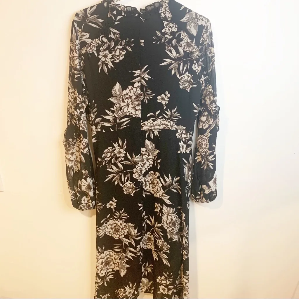 Bardot Size‎ 6 Black Tan Floral Romantic Long Bubble Sleeve Wrap Dress - Image 7