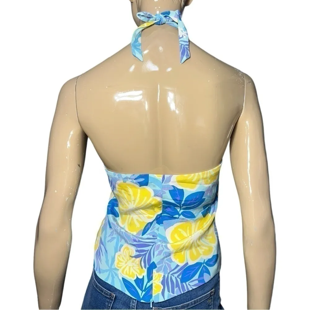 Lilly Pulitzer Vintage Size 2 Blue Yellow Hibiscus Floral Print Silk Halter Top - Image 5