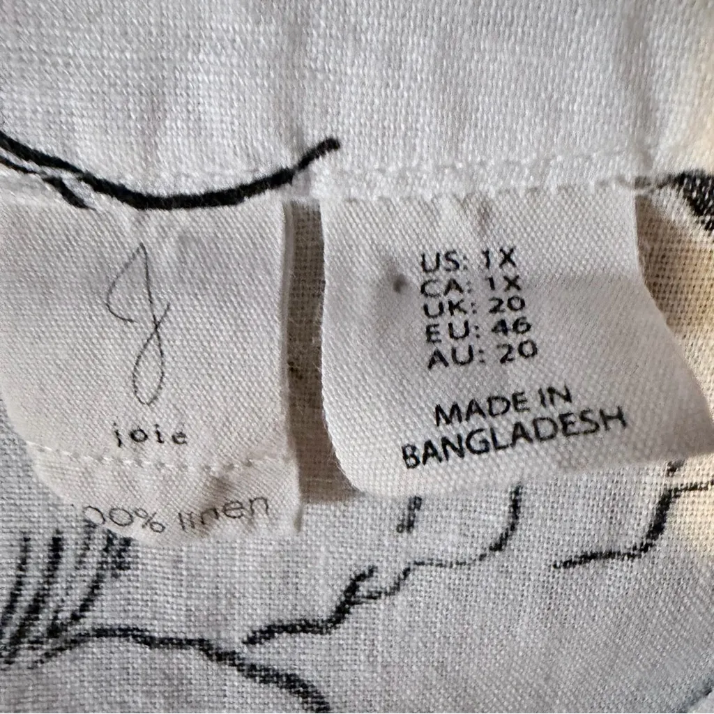 Joie 100% Linen Tropical Floral Print Black & White Roll Tab Sleeve Tunic 2X - Image 4