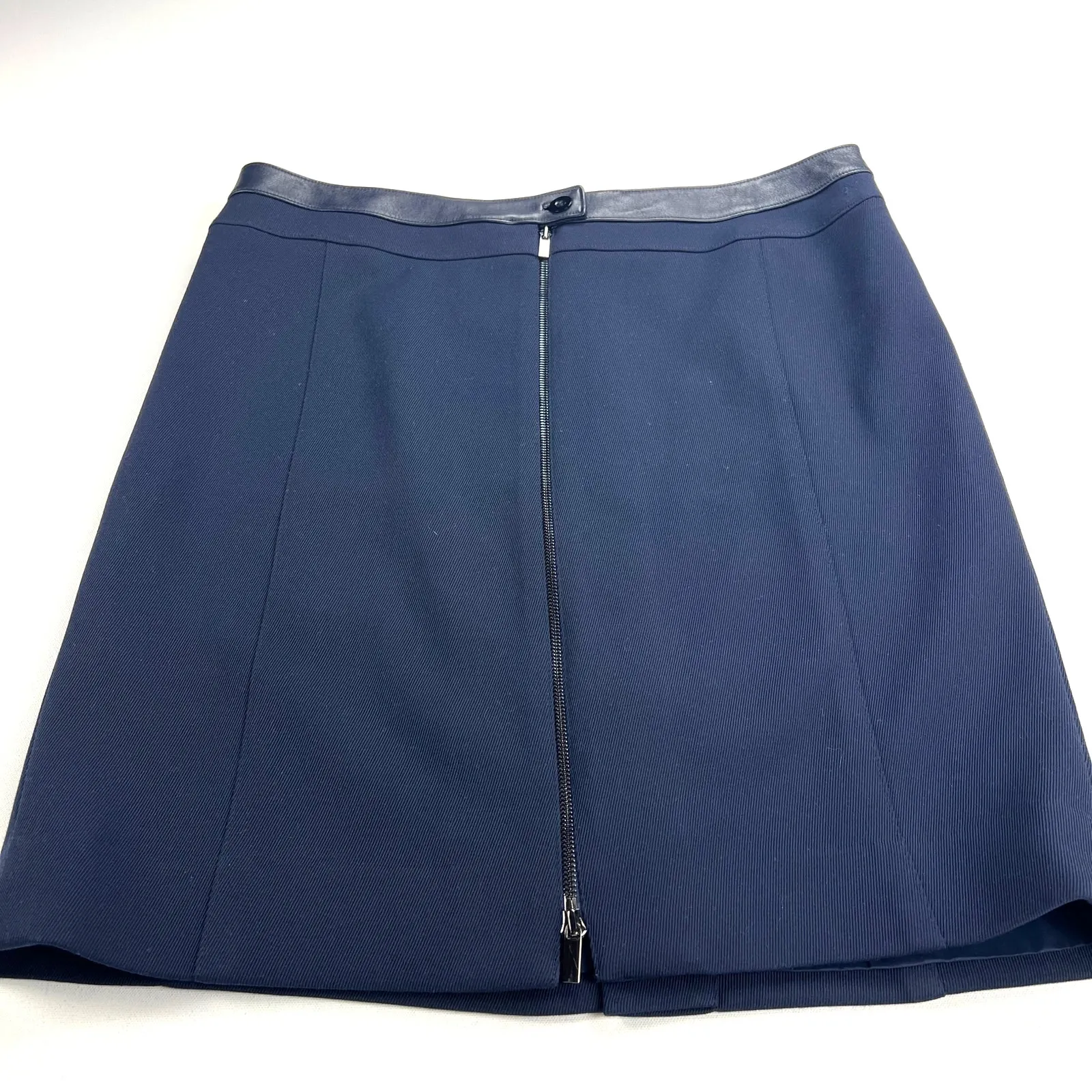 Carlisle Navy Blue Zip Front Career Skirt Leather Waistband Size 16 - Image 12